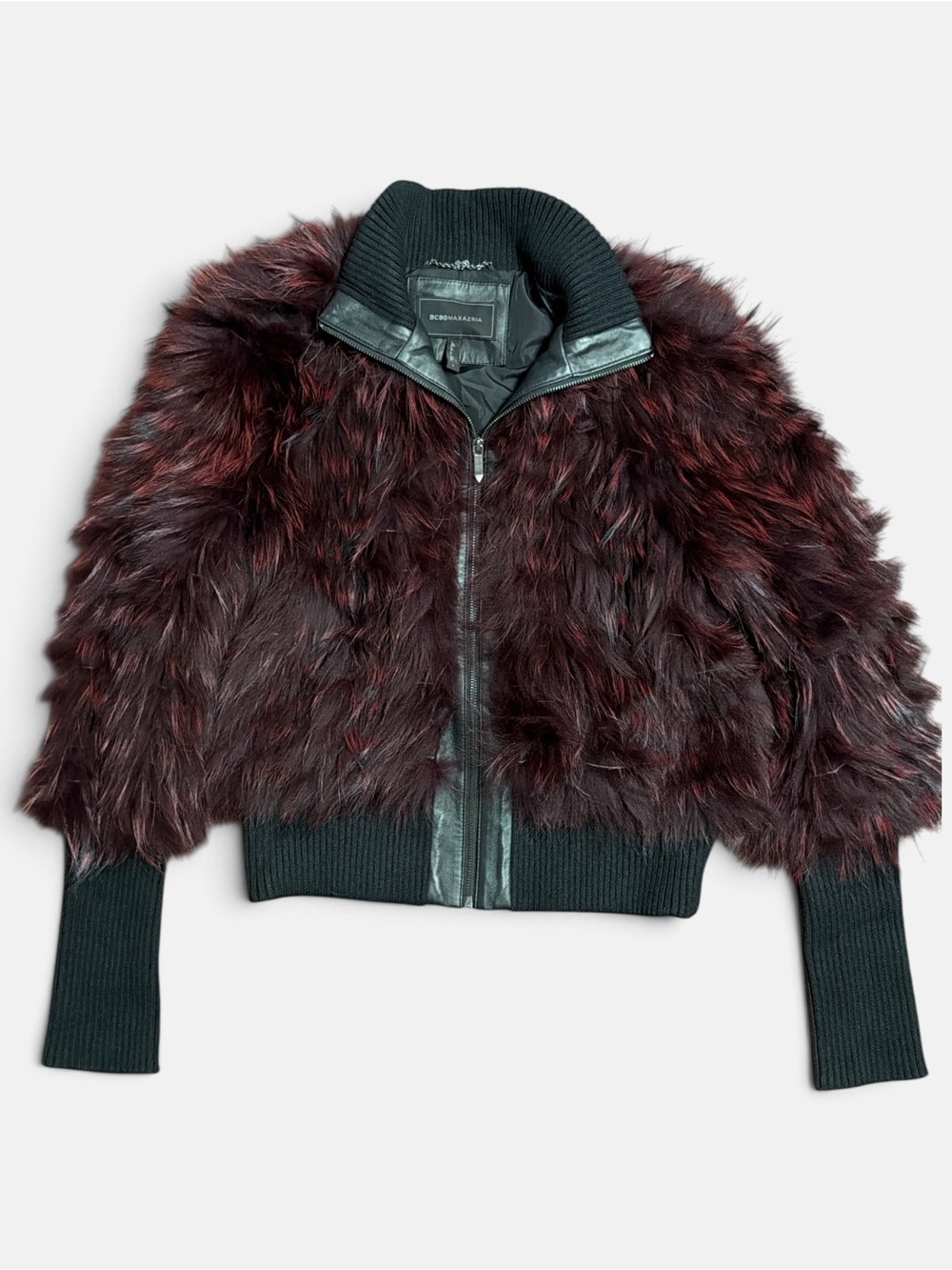 BCBGMaxAzria Burgundy Fur Bomber Jacket with Black Trim